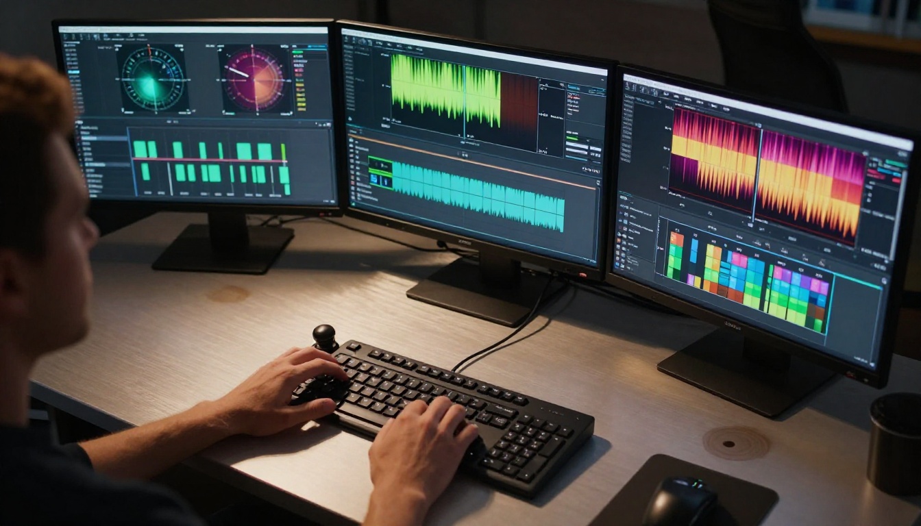 Overhead close-up of a professional color grading workstation with three monitors showing waveform scopes and a colorist's hands on control surfaces