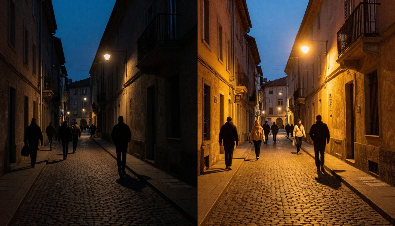 A cinematic split-screen comparison of dark underexposed street footage on the left and the same scene fully brightened and corrected on the right