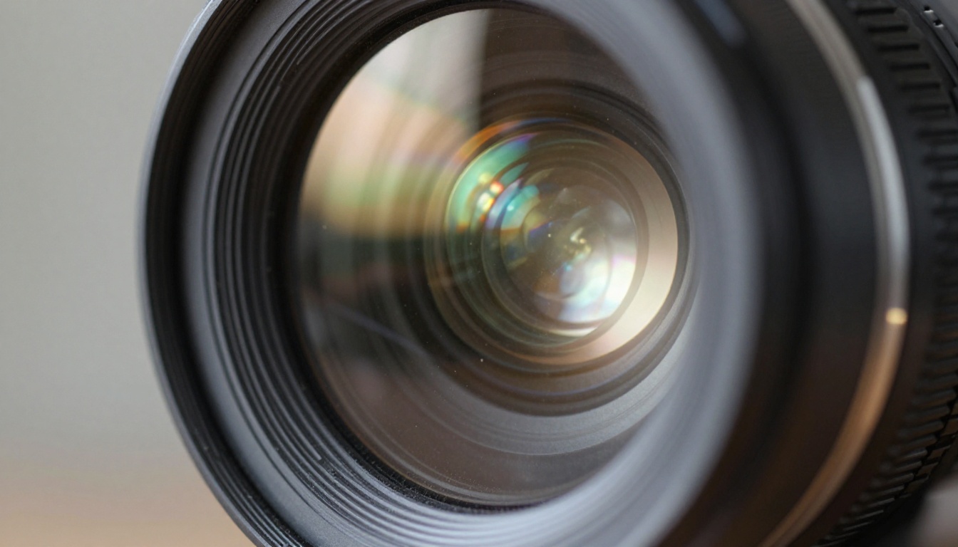 Cinema camera lens showing optical detail and light refraction through glass elements