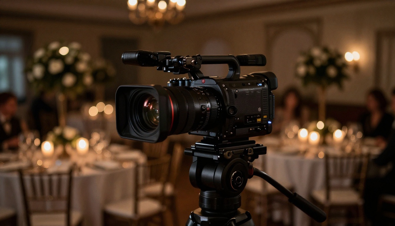 A professional video camera on a tripod capturing a dimly lit wedding reception with candlelight bokeh in the background