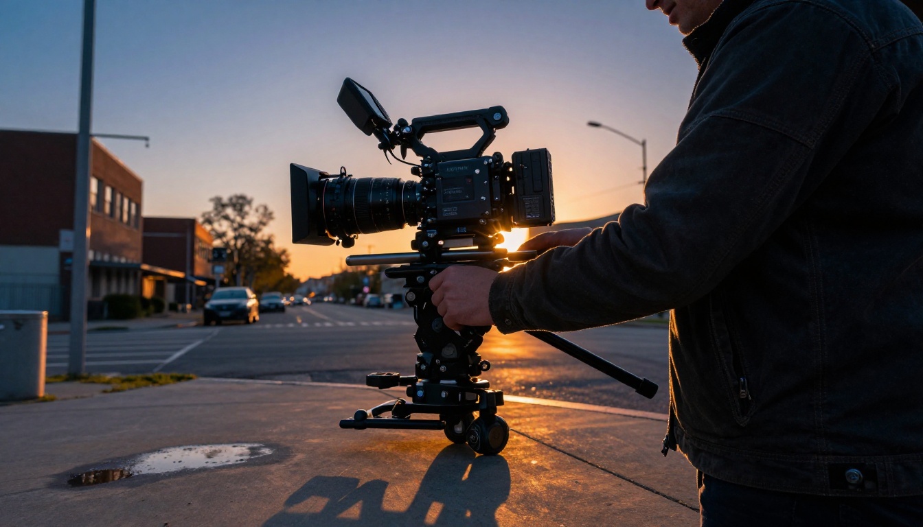 Professional videographer with cinema rig shooting at dusk with golden hour rim lighting Professional videographer with cinema rig shooting at dusk with golden hour rim lighting