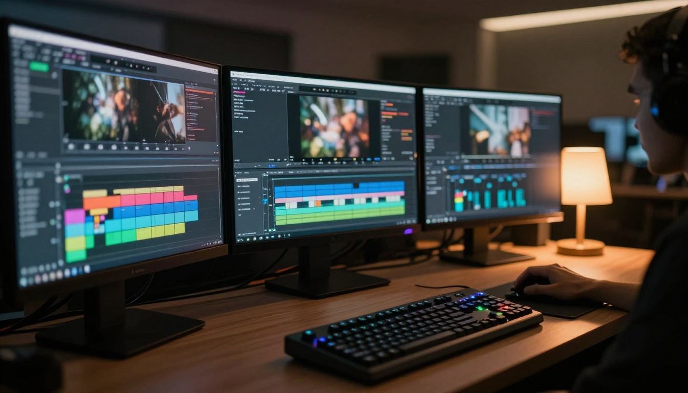 Video editing professional comparing sharp vs soft footage on a reference monitor