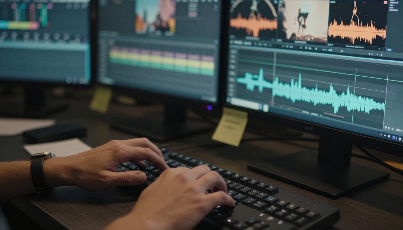 Video editor's hands at keyboard in dark editing suite illuminated by monitor glow Video editor's hands at keyboard in dark editing suite illuminated by monitor glow