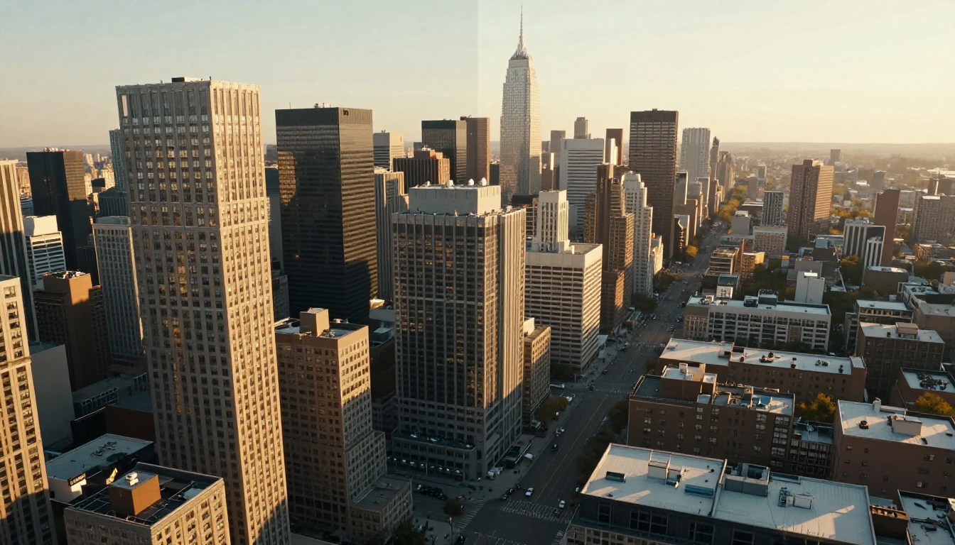 Aerial view of a city showing the split between blurry and sharply rendered footage