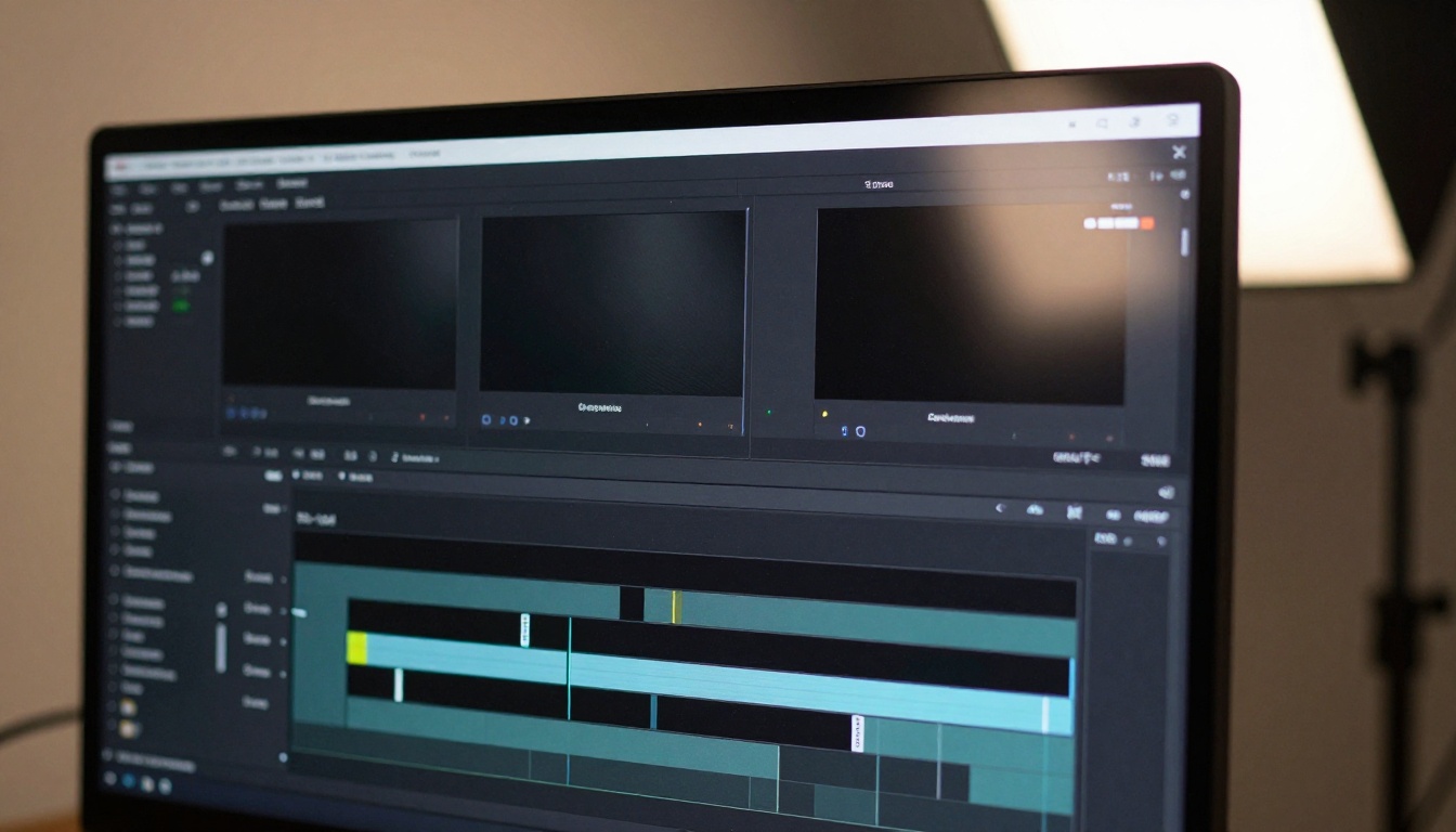 Close-up of a dark video editing timeline with underexposed clip thumbnails in a professional dark-themed editing interface