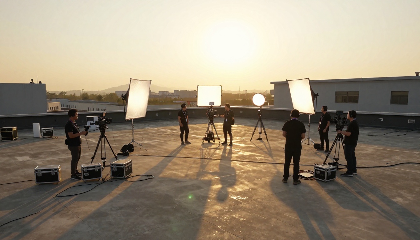 Aerial view of professional film production set at golden hour with long crew shadows on rooftop