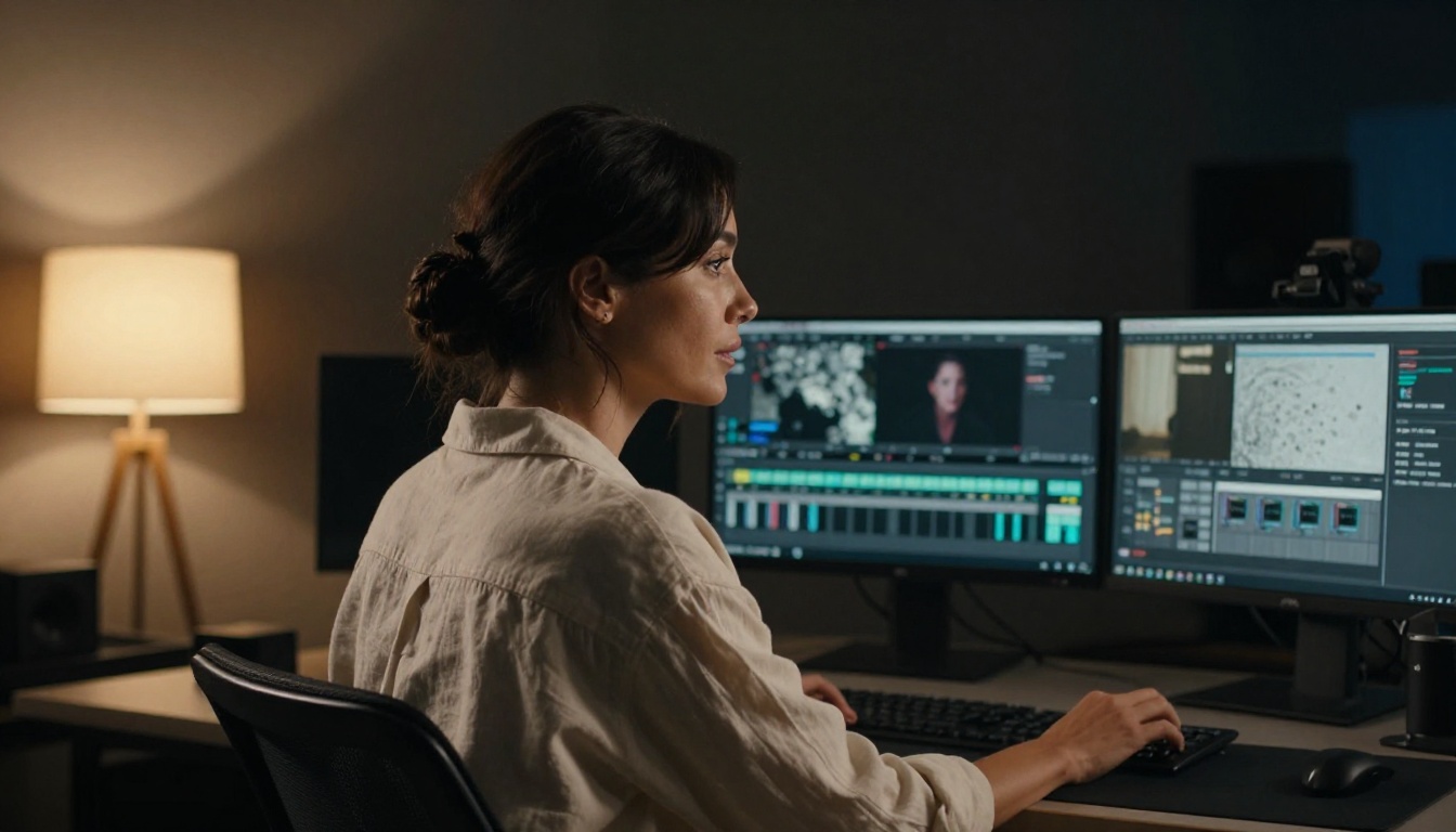 A professional female video editor with dark hair reviewing grainy footage at a high-end editing workstation in a modern production studio
