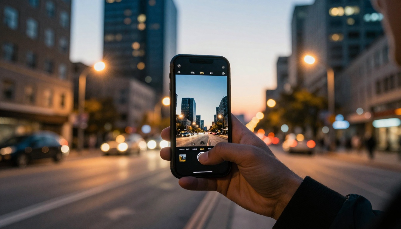 Person holding a smartphone recording video on a city street at dusk with light trails Person holding a smartphone recording video on a city street at dusk with light trails