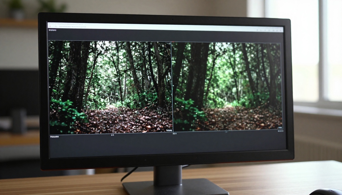 Monitor screen showing before-and-after video frame comparison with grainy vs clean forest footage Monitor screen showing before-and-after video frame comparison with grainy vs clean forest footage