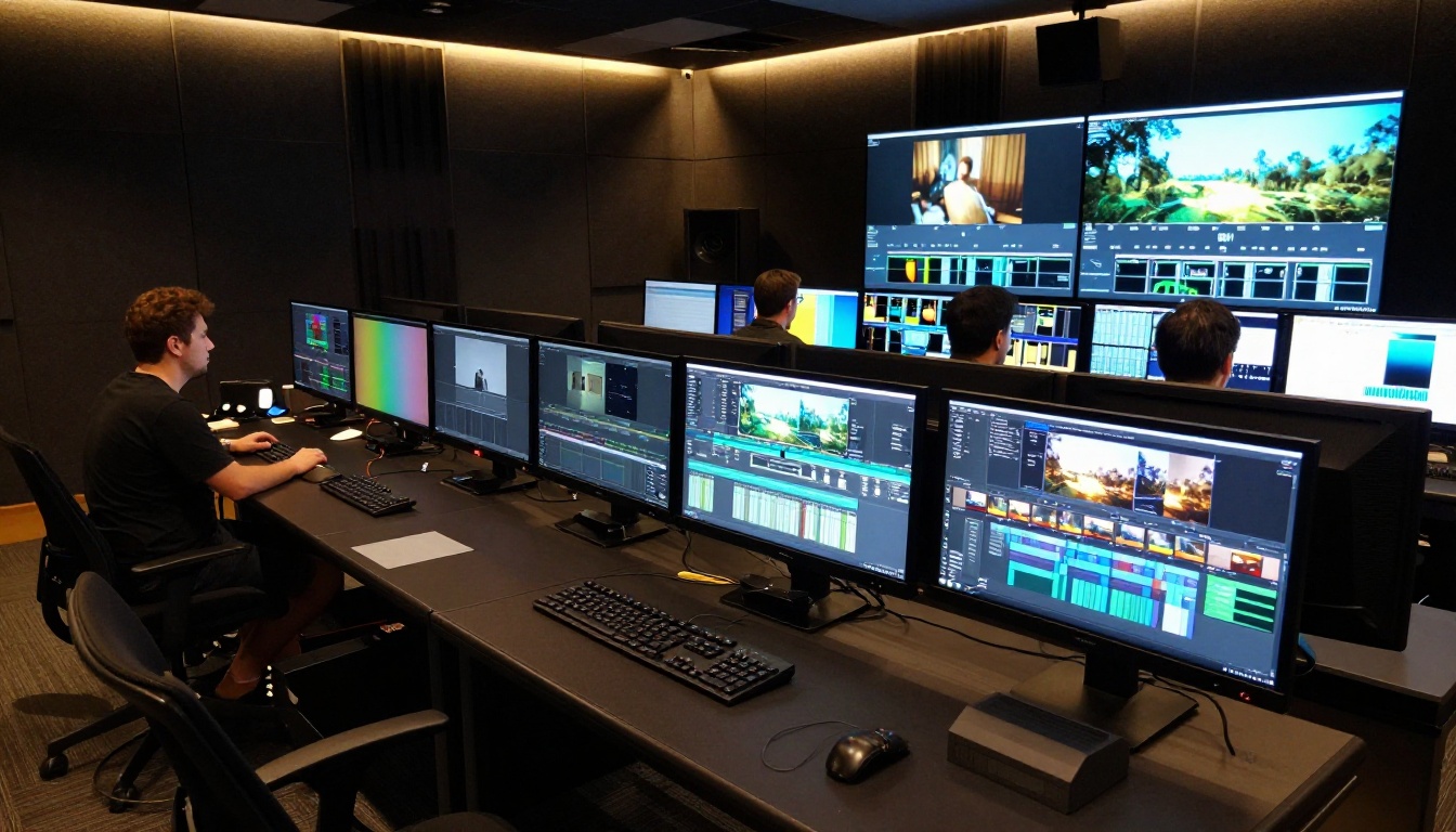 A wide environmental shot inside a high-end post-production facility with multiple color grading workstations and editors at work