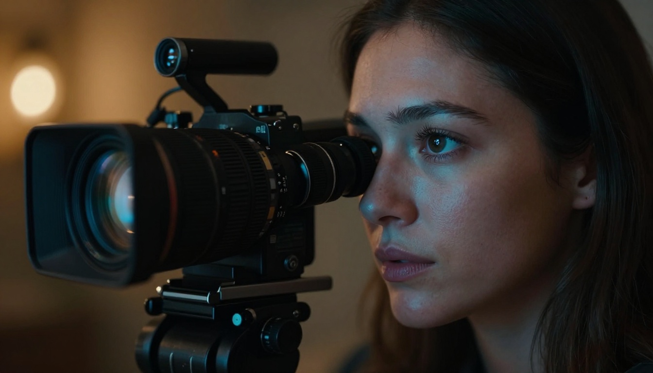 Woman cinematographer looking through camera viewfinder in moody dimly lit indoor setting