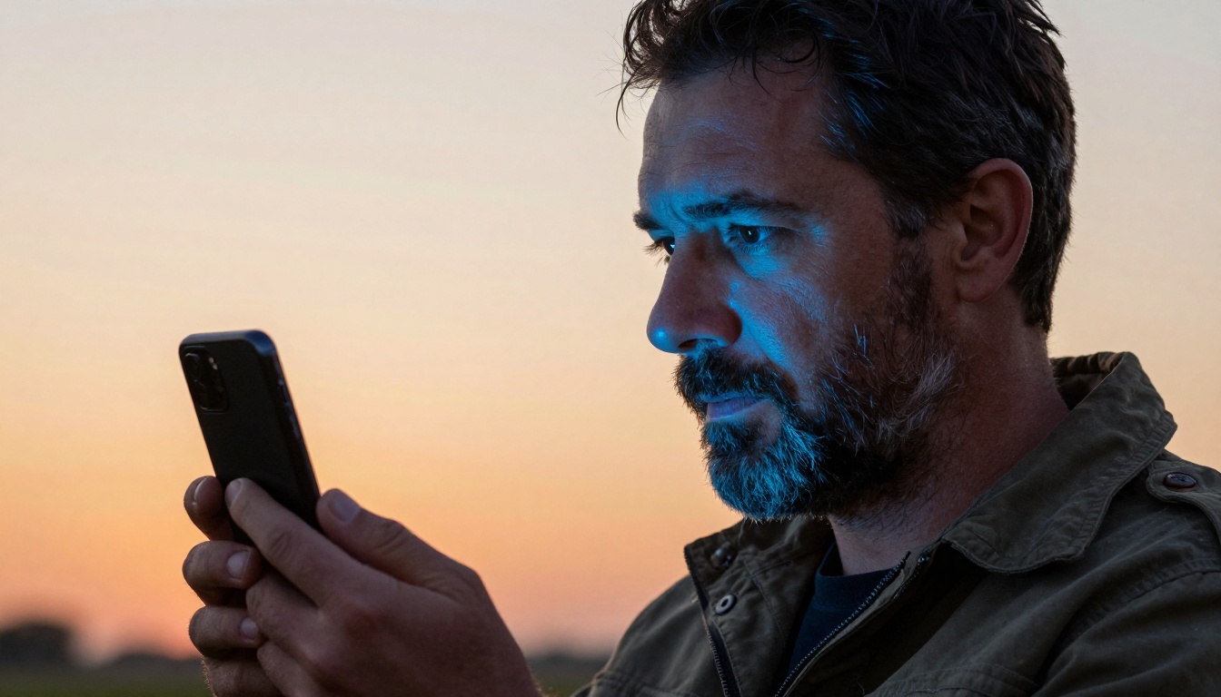 A male cinematographer examining dark underexposed footage on a smartphone screen at dusk with golden hour backlight creating a rim light silhouette