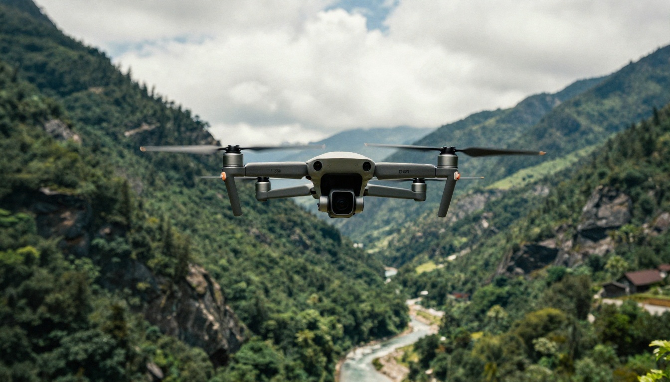 Drone hovering above a sharp green mountain valley, camera gimbal aimed downward Drone hovering above a sharp green mountain valley, camera gimbal aimed downward