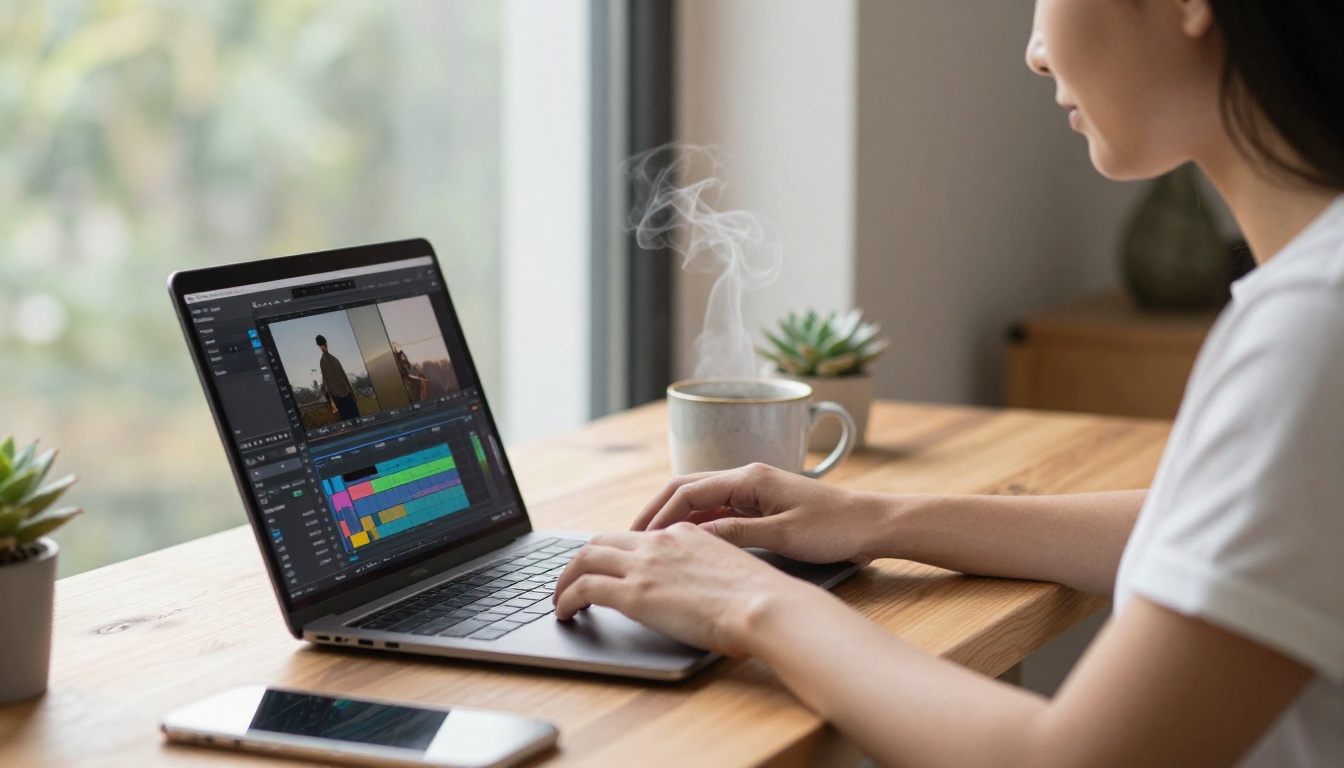 Creative professional editing video on laptop in bright modern home office with natural window light