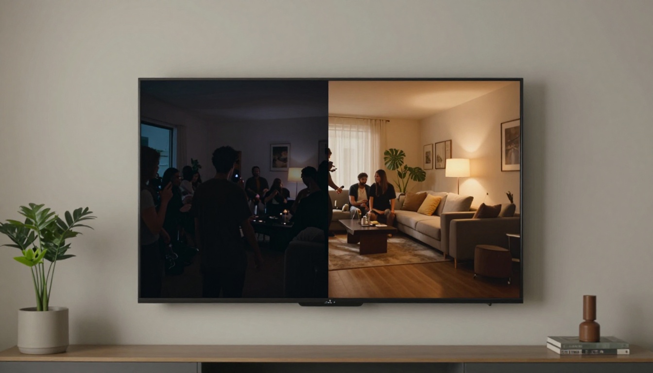 A large TV screen mounted on a living room wall showing a before-and-after brightness correction split on a paused video frame