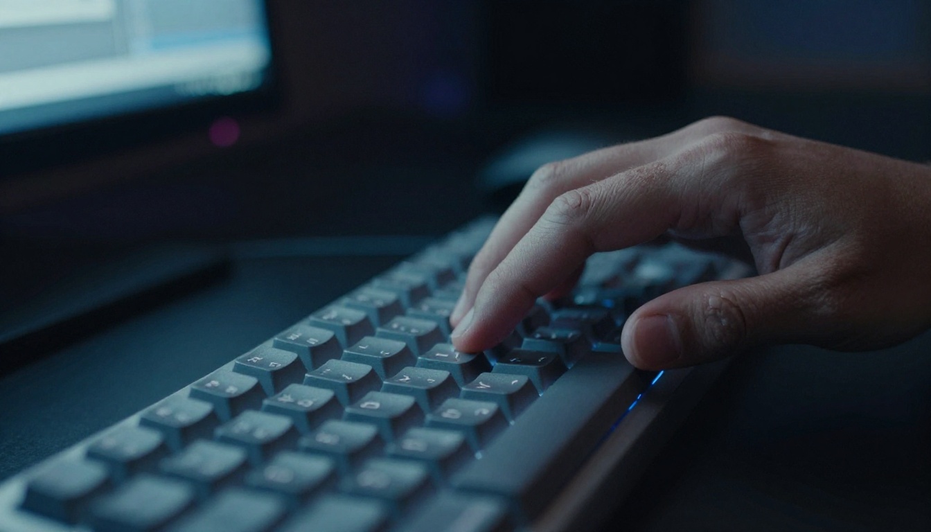 Editor's hands on keyboard working in post-production suite under blue monitor glow