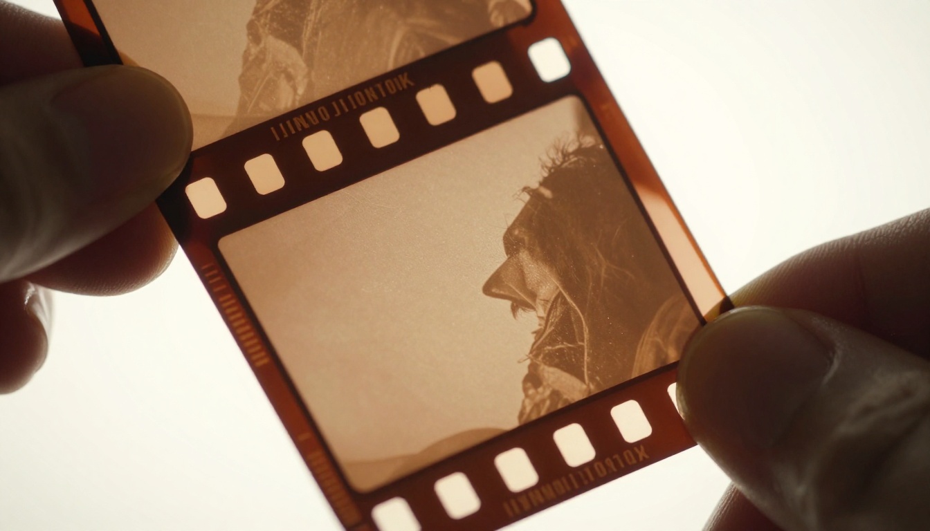 Vintage 35mm film strip held against warm backlight showing silver halide grain structure Vintage 35mm film strip held against warm backlight showing silver halide grain structure