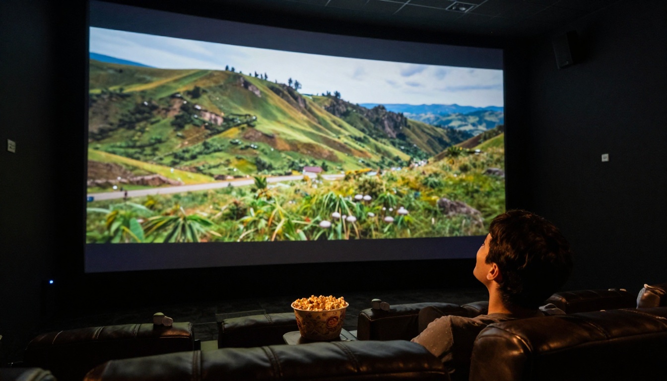 Person watching sharp high-definition footage on a large OLED screen in a dark home theater Person watching sharp high-definition footage on a large OLED screen in a dark home theater