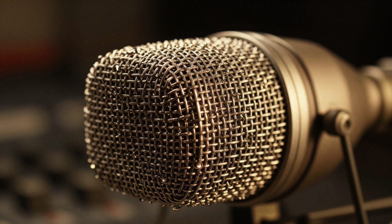 Extreme close-up of a professional studio microphone capsule with warm golden studio light