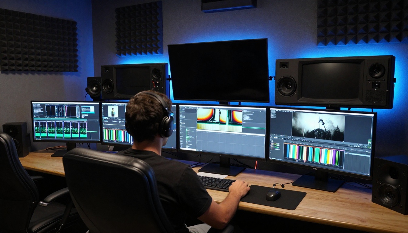 Professional color grading suite with colorist at multiple reference monitors in dark acoustic foam room