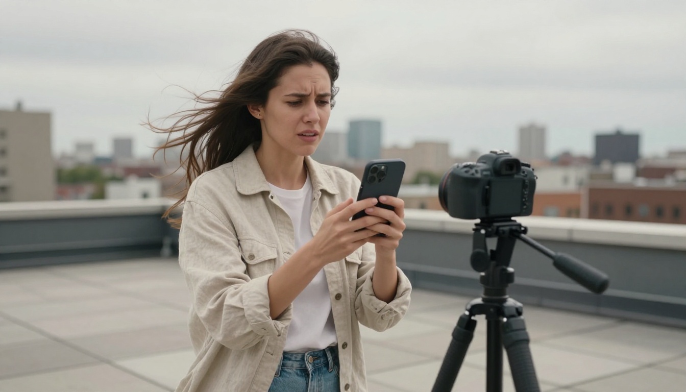 Young woman content creator recording an outdoor vlog on a city rooftop, hair blowing sideways in the wind