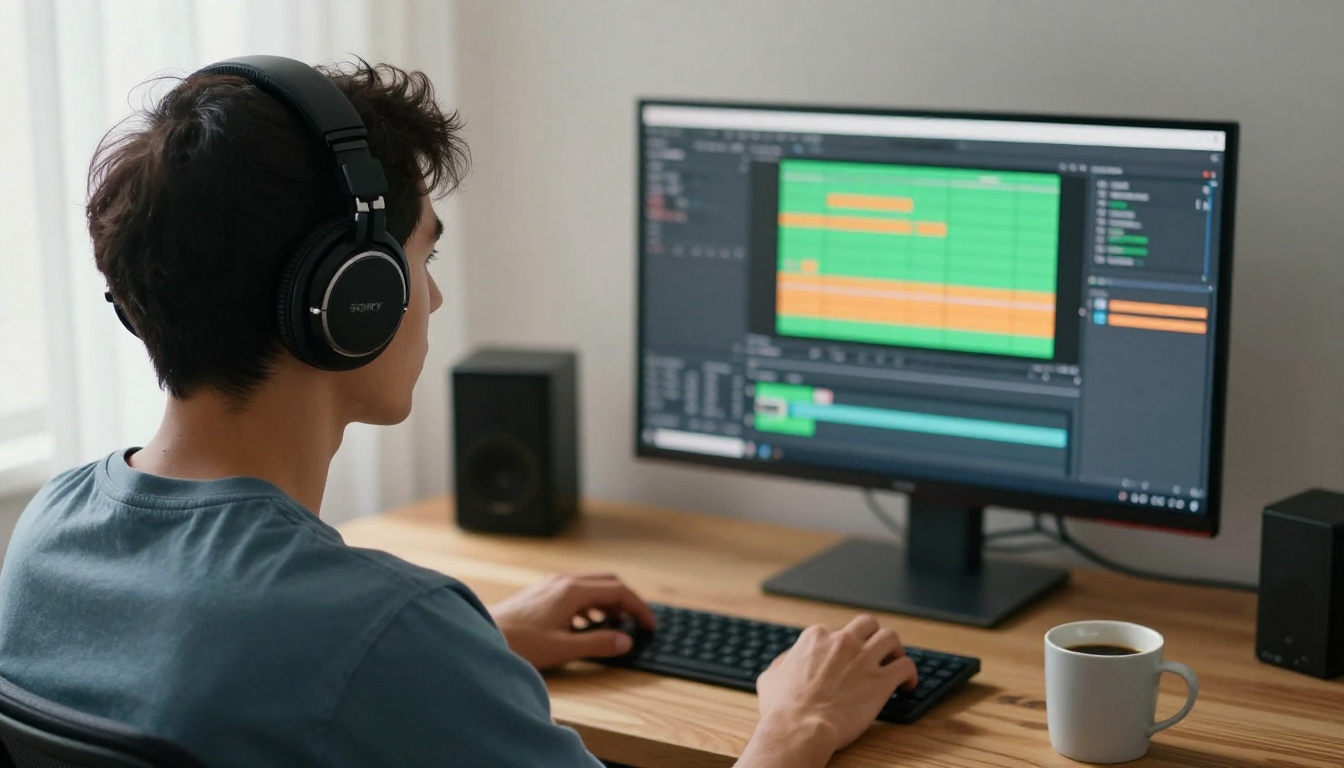 Person wearing over-ear headphones at a minimalist home office desk reviewing video footage on a large monitor Person wearing over-ear headphones at a minimalist home office desk reviewing video footage on a large monitor