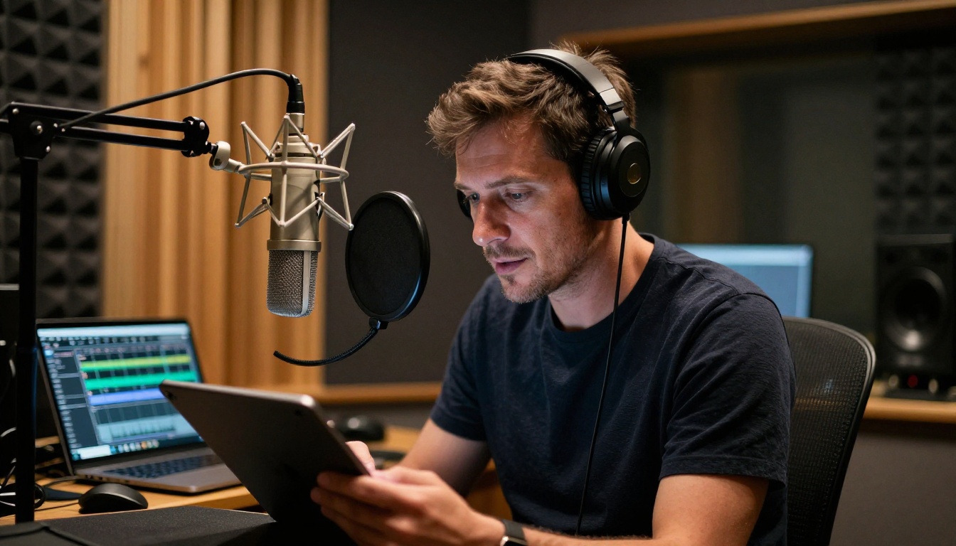 Professional male voiceover artist at a broadcast-quality microphone in a dark acoustic studio booth