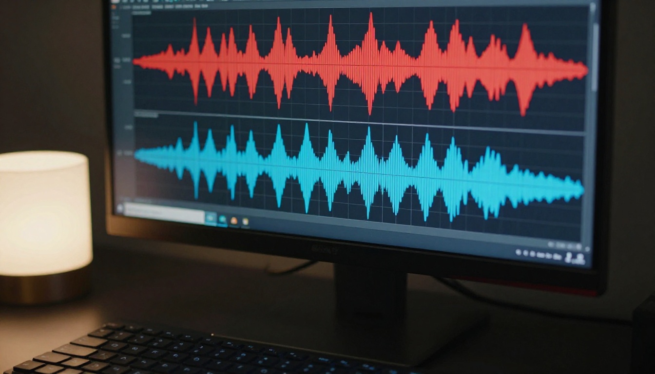 Close-up of audio waveforms on a monitor showing a noisy irregular waveform above and a clean processed waveform below