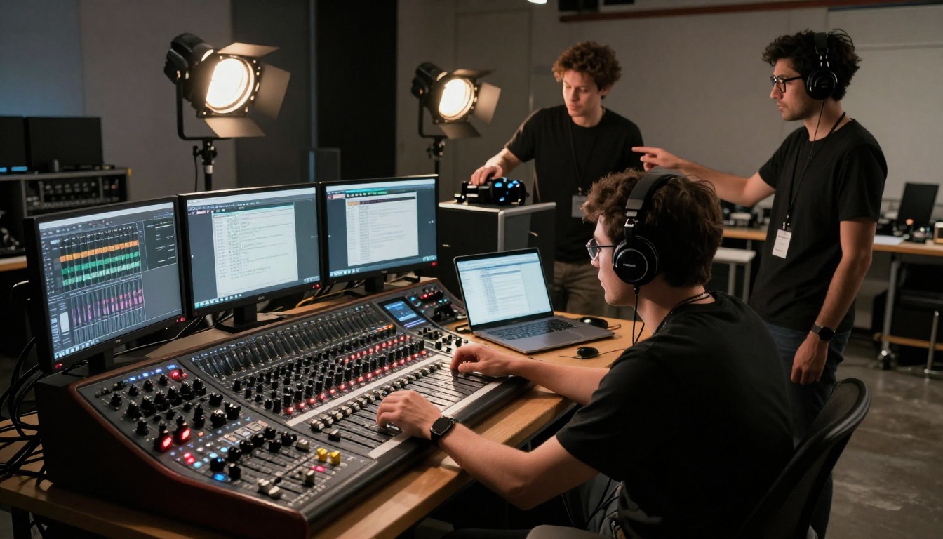 Video production team of three people reviewing audio levels on professional broadcast monitors in a modern studio Video production team of three people reviewing audio levels on professional broadcast monitors in a modern studio