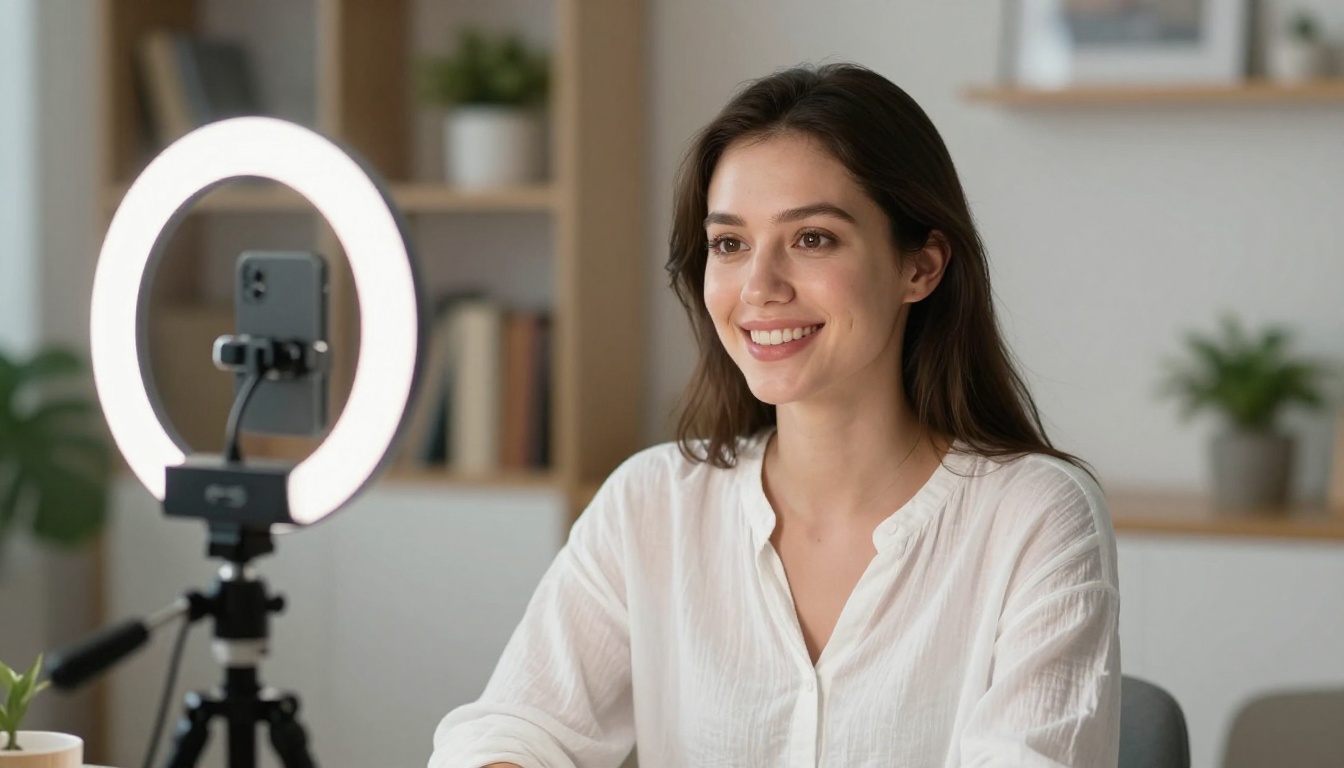 Attractive woman speaking to camera in a well-lit home studio with bookshelves and plants visible in background Attractive woman speaking to camera in a well-lit home studio with bookshelves and plants visible in background