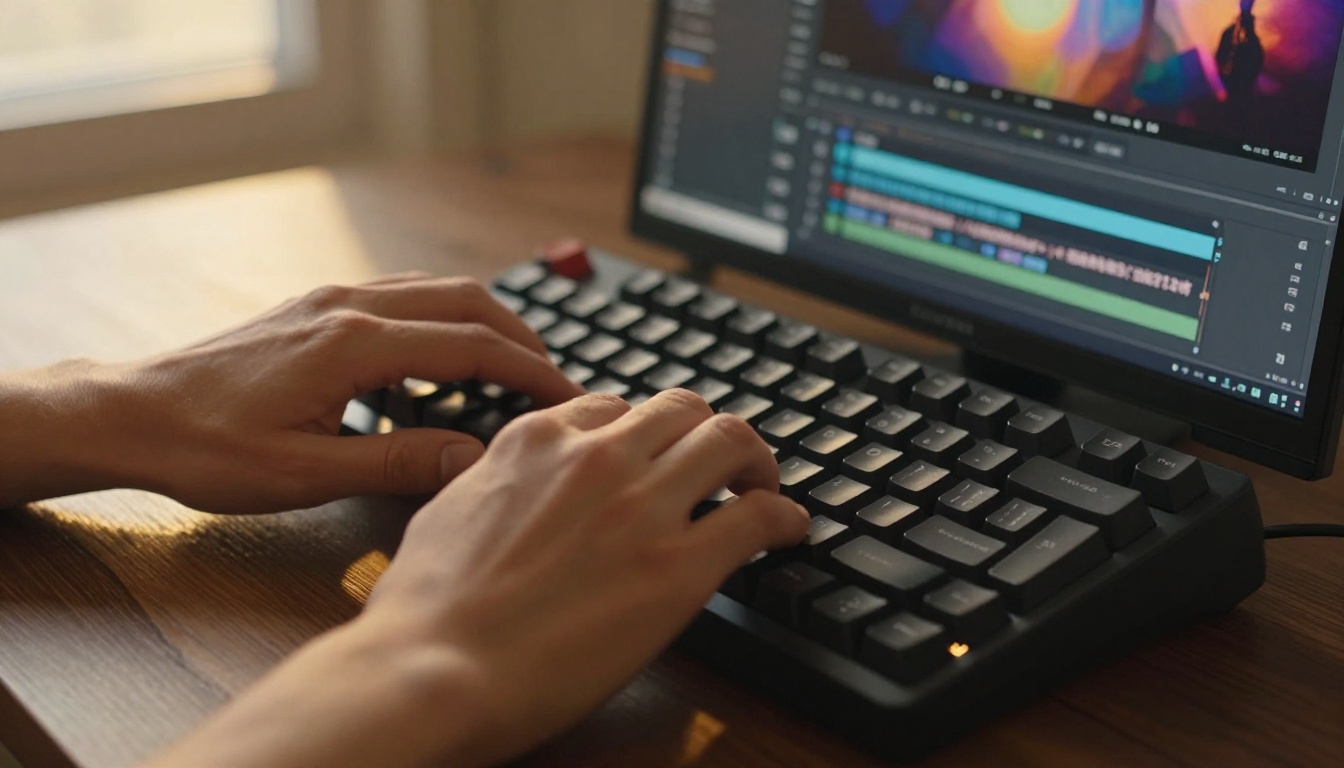 Hands typing on a mechanical keyboard with a video editing application and subtitles visible on screen in the background