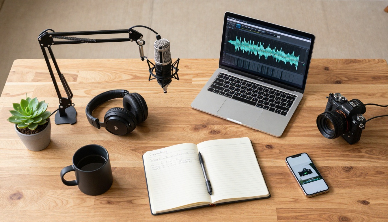 Overhead flat-lay of a podcaster workspace showing microphone, headphones, notebook, laptop, and coffee mug on a wooden desk Overhead flat-lay of a podcaster workspace showing microphone, headphones, notebook, laptop, and coffee mug on a wooden desk