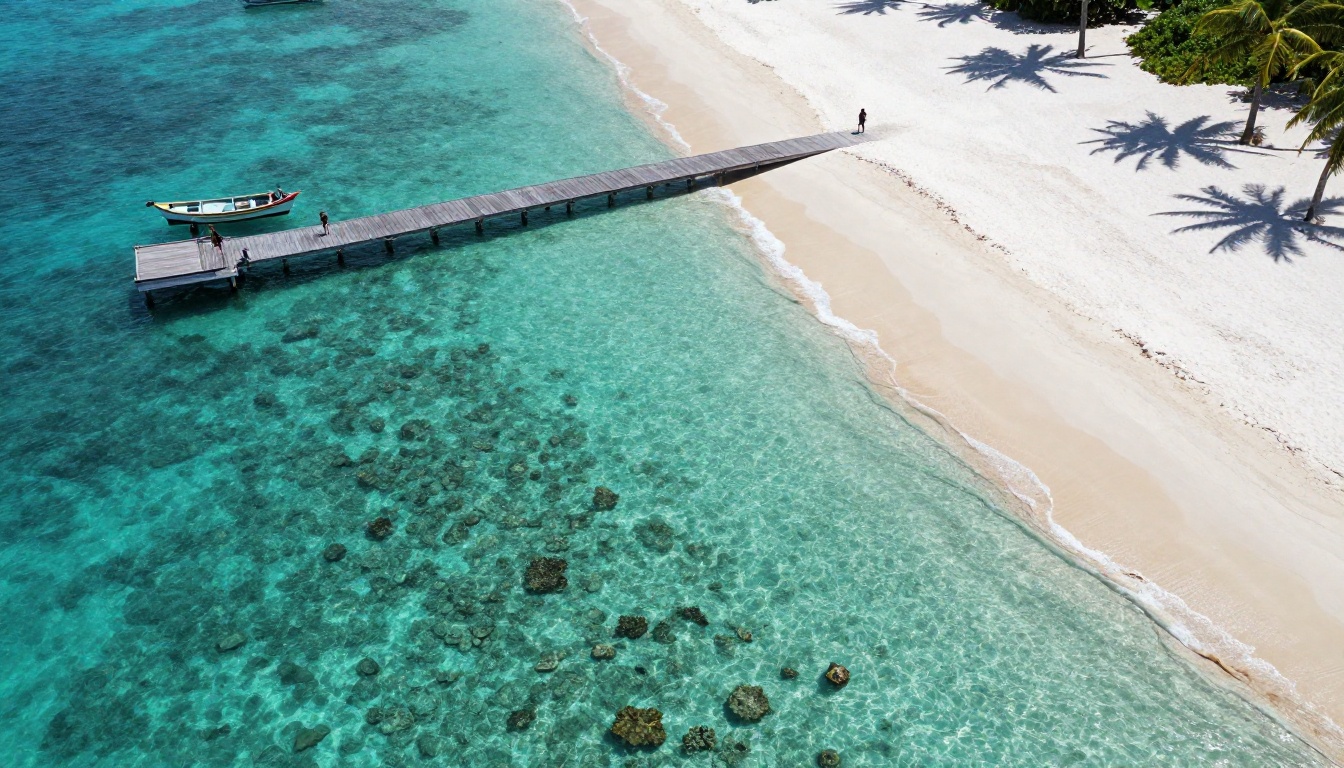 Aerial view of turquoise tropical beach with coral reef patterns visible from drone altitude