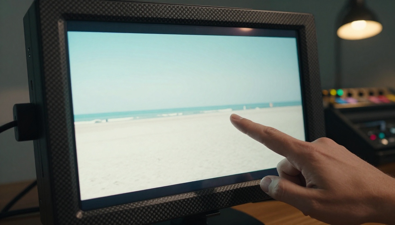 A monitor displaying overexposed beach footage, with a finger pointing at the blown-out highlights region A monitor displaying overexposed beach footage, with a finger pointing at the blown-out highlights region
