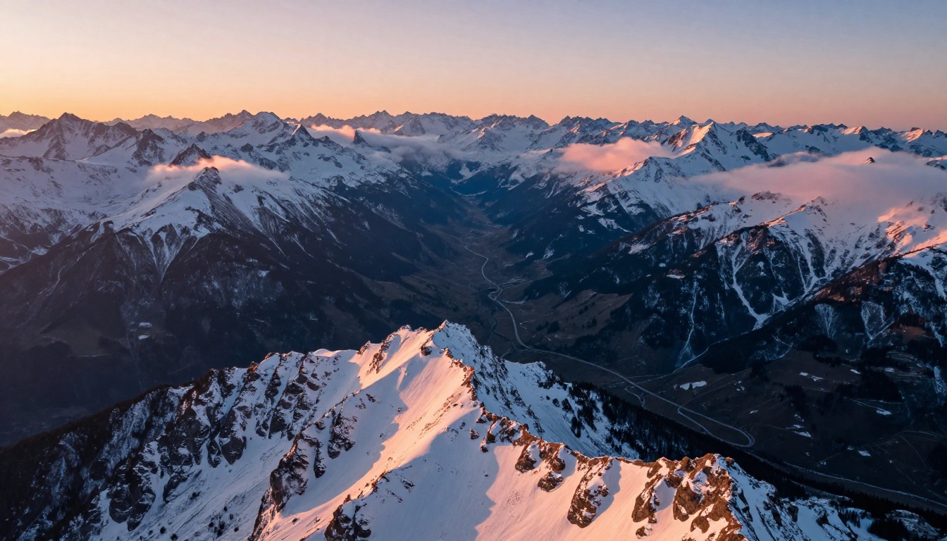 Cinematic wide aerial view of snow-capped alpine peaks at sunrise with pink and orange light and volumetric god rays