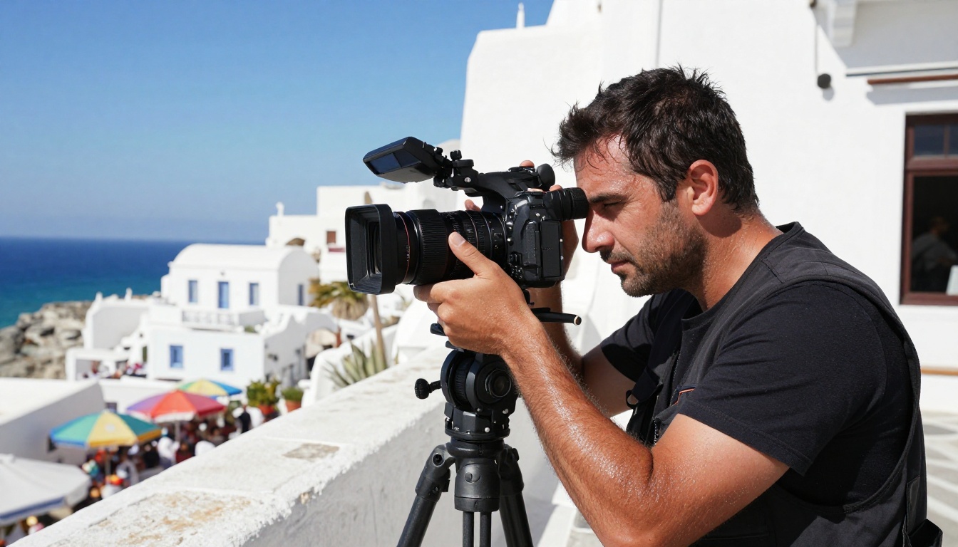 A cinematographer filming in harsh midday sunlight in a Mediterranean coastal location, camera LCD showing blown highlights A cinematographer filming in harsh midday sunlight in a Mediterranean coastal location, camera LCD showing blown highlights