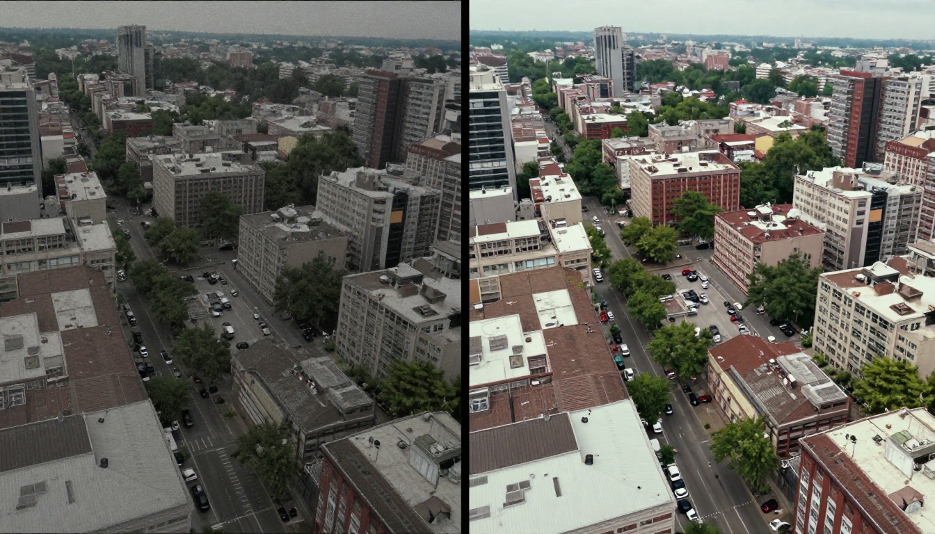 Before and after split showing low-resolution blurry drone footage versus sharp AI-upscaled 4K aerial cityscape