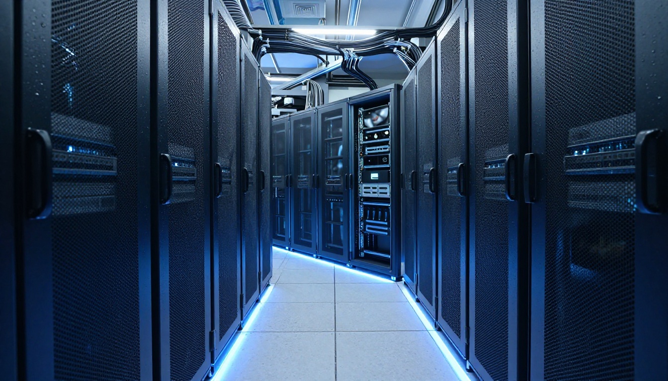 Large data center server room with rows of blade servers, cool blue-white LED lighting, representing the neural network infrastructure behind AI video correction Large data center server room with rows of blade servers, cool blue-white LED lighting, representing the neural network infrastructure behind AI video correction