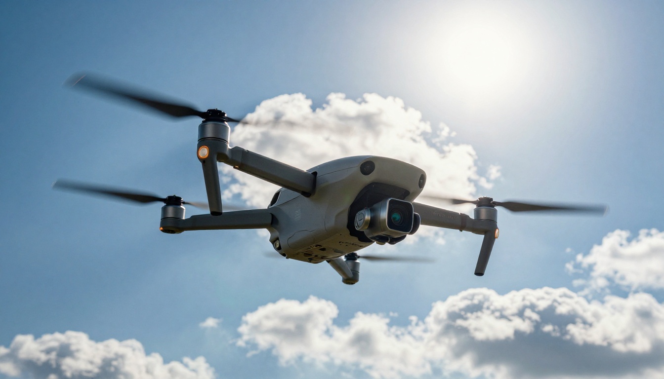 Low-angle ground perspective looking up at professional drone in flight against deep blue midday sky with rotor blur