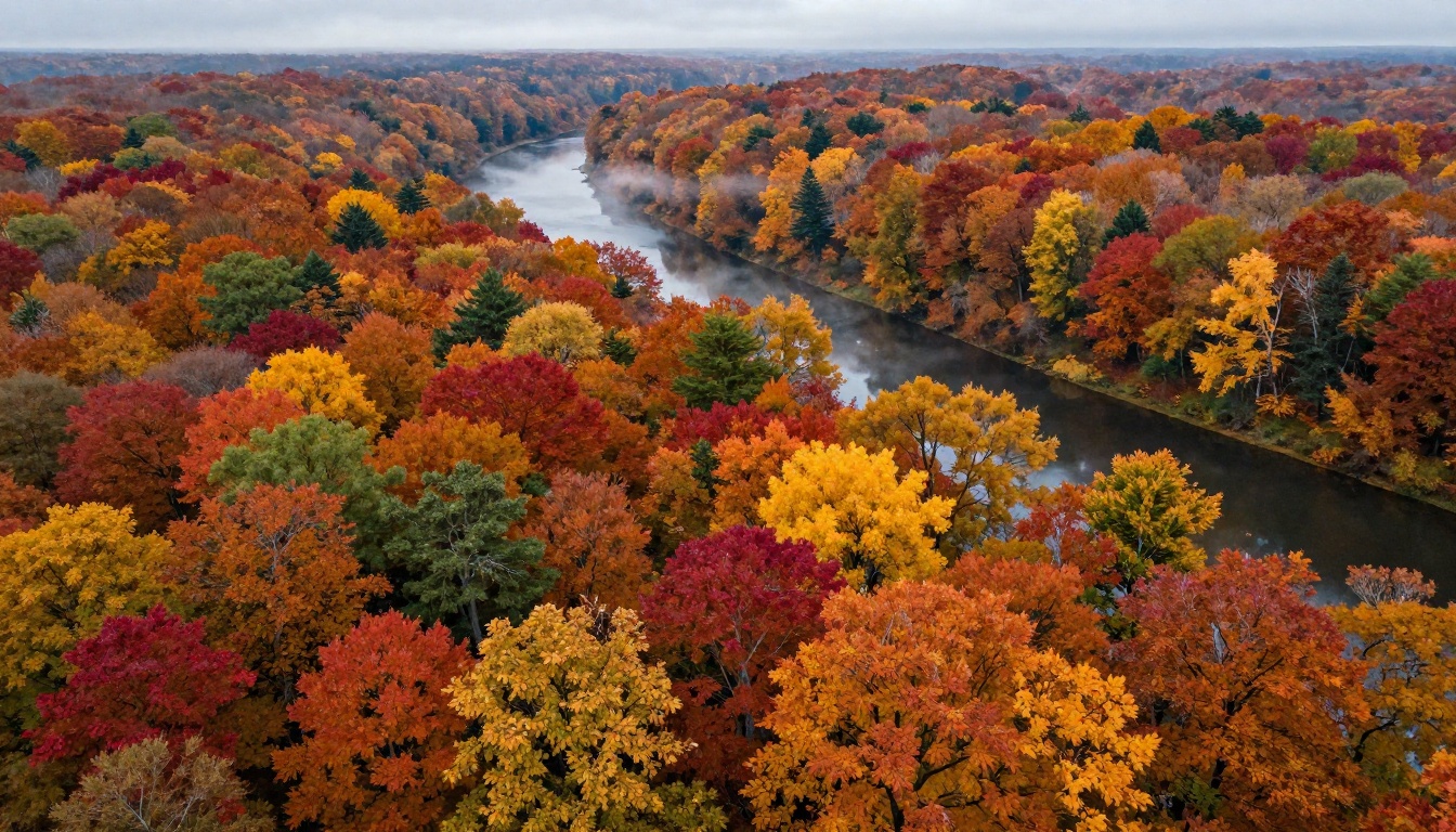 Dense autumn forest from 150 meters altitude showing patchwork of crimson, orange, and golden fall colors with silver river cutting through