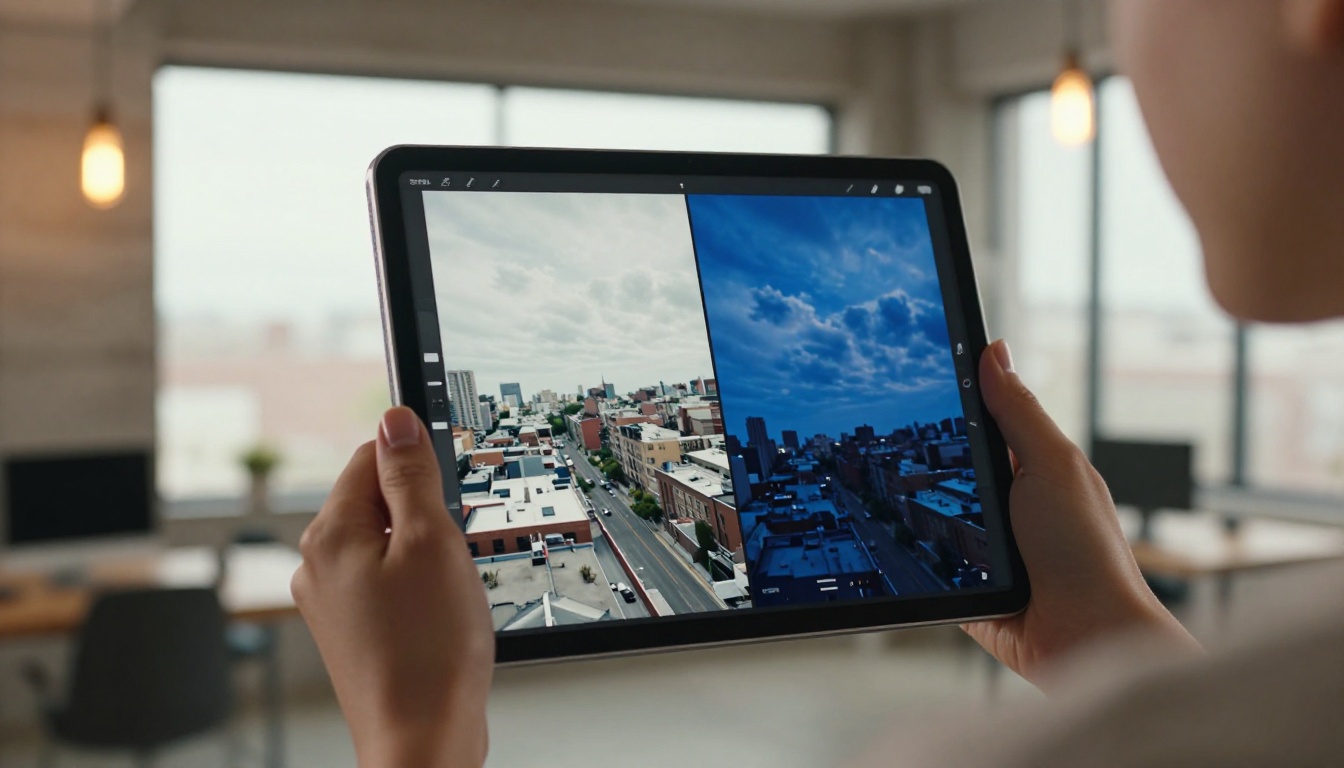 A filmmaker comparing before and after exposure correction on an iPad Pro in a modern studio with concrete walls and Edison bulb lighting A filmmaker comparing before and after exposure correction on an iPad Pro in a modern studio with concrete walls and Edison bulb lighting