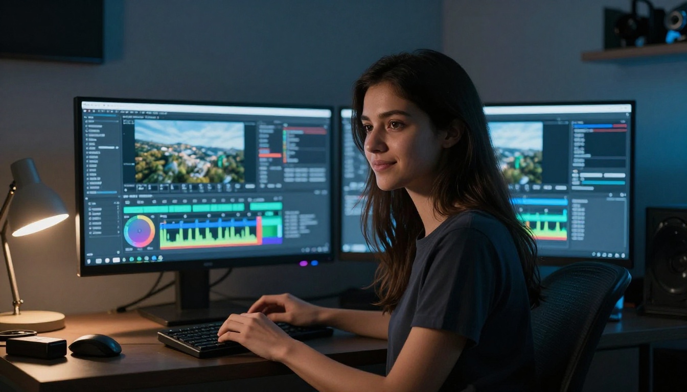 Young female videographer at professional dual-monitor color grading workstation with aerial drone footage displayed