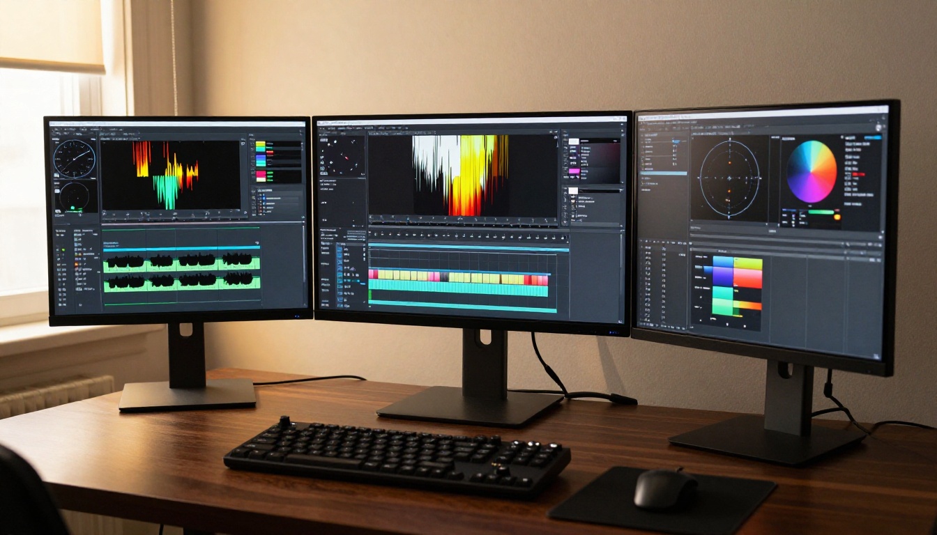 Professional video editing workstation with three monitors showing waveform scopes, timeline, and media library Professional video editing workstation with three monitors showing waveform scopes, timeline, and media library
