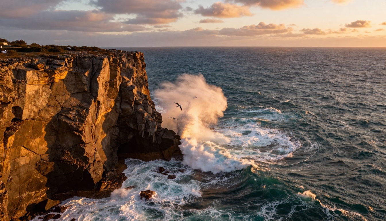 Dramatic aerial drone view of coastal cliff at sunset with waves crashing against dark rocks and sea spray catching golden light