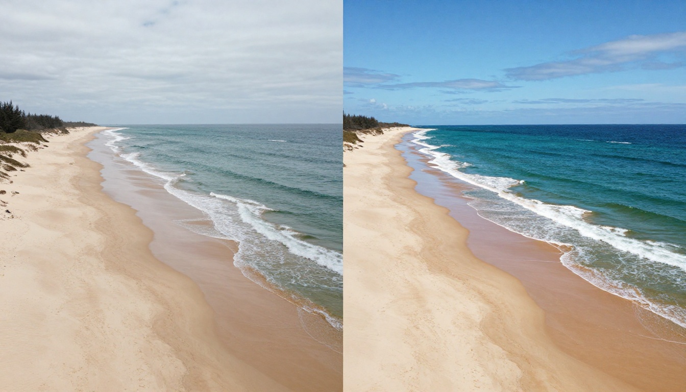 Aerial split-view of a coastal landscape showing overexposed left half with blown sky and washed sand versus AI-corrected right half with rich blue sky and detailed beach texture