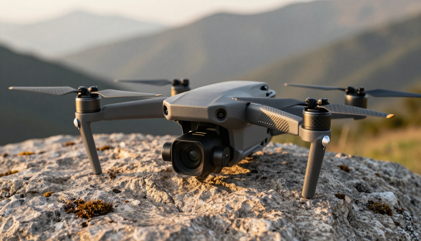 Close-up side profile of DJI drone resting on rough granite rock surface showing gimbal mechanism and carbon fiber propeller detail