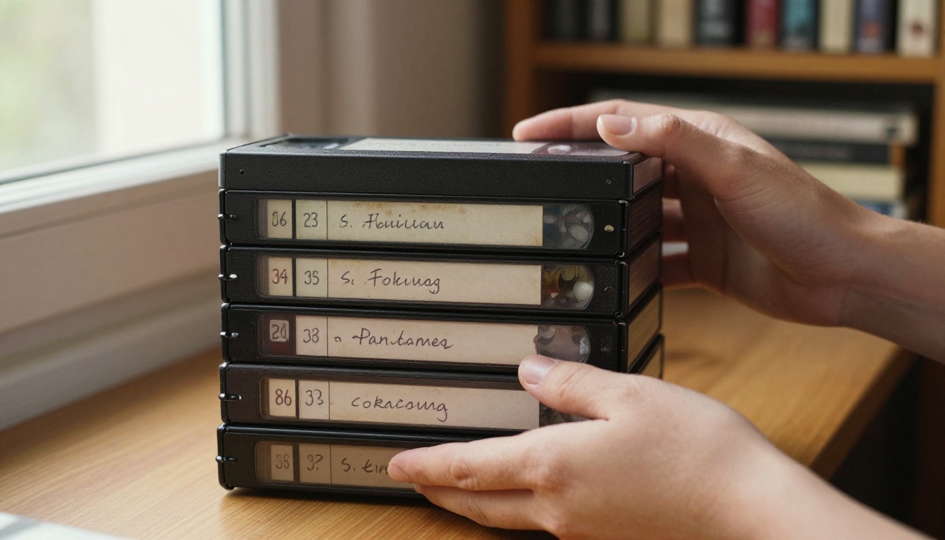 Hands carefully holding a stack of labeled VHS tapes
