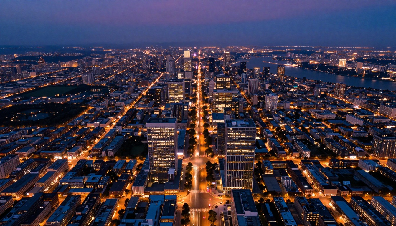 Aerial bird's eye view of modern city at blue hour twilight with illuminated grid of city blocks and car light trails