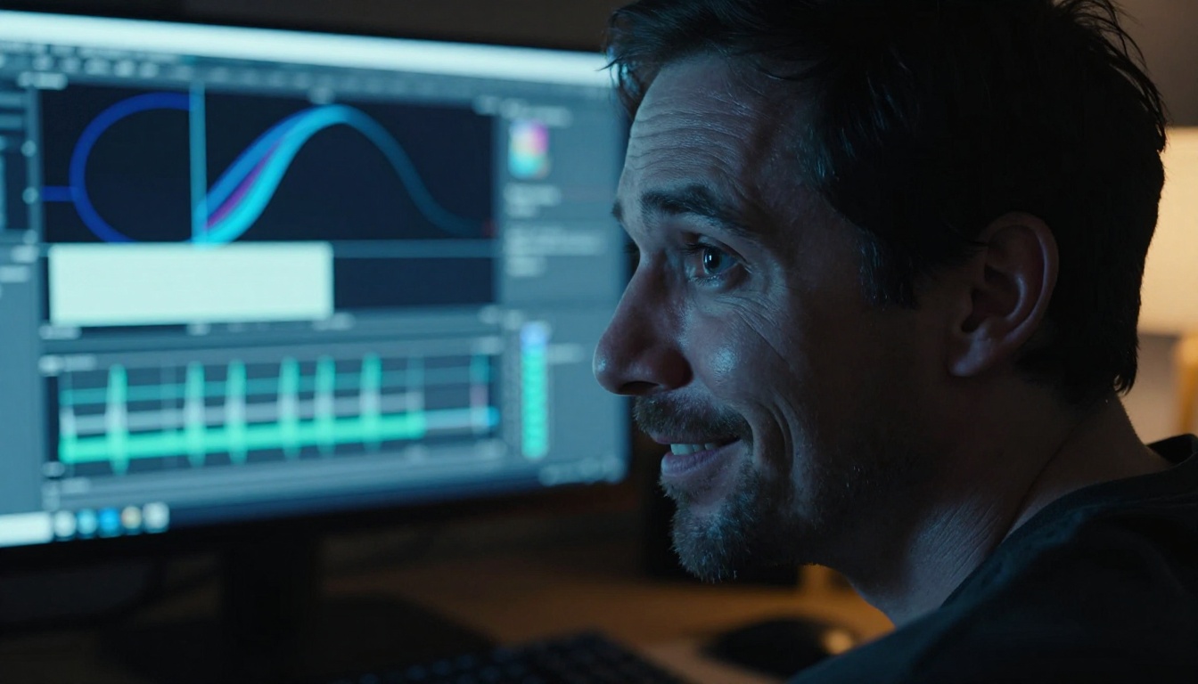A colorist's face illuminated by a large reference monitor in a dark color grading suite, expression of intense concentration