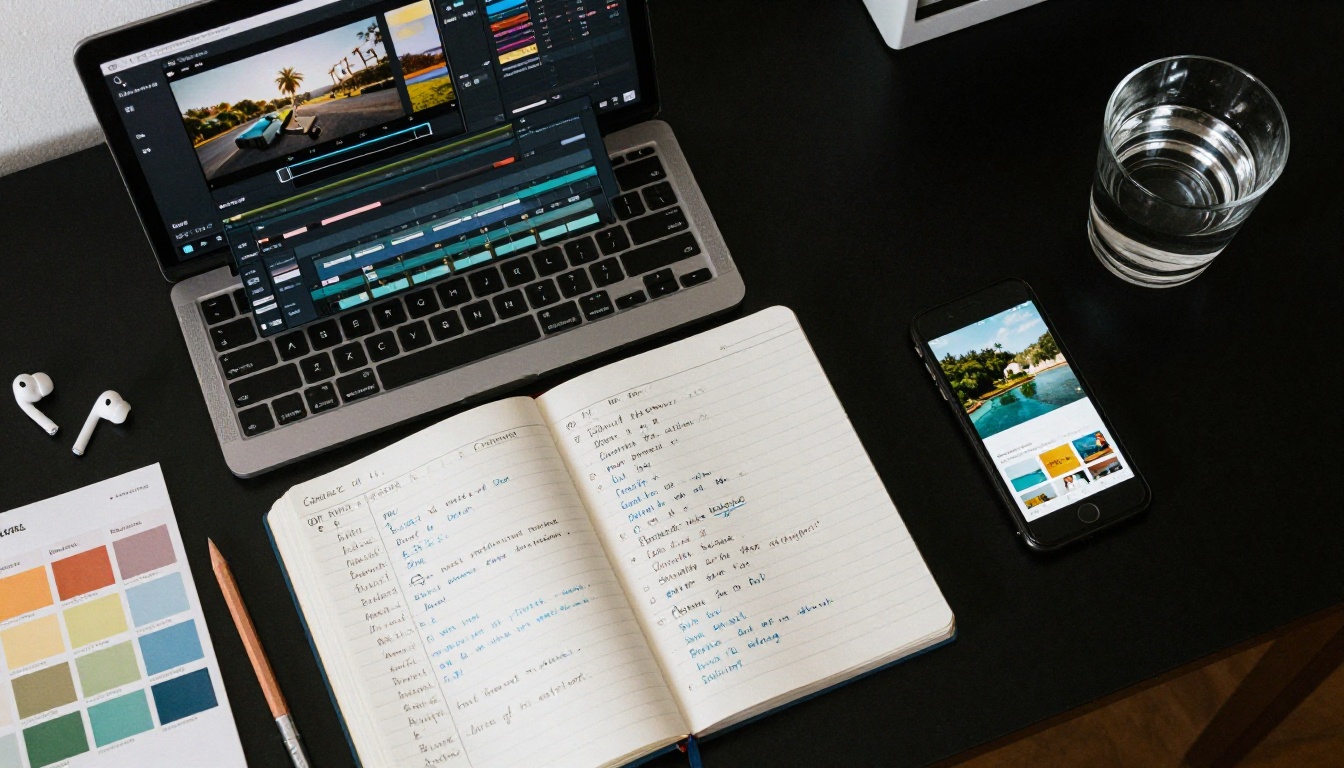 Overhead flat lay of filmmaker's workspace with laptop showing timeline, smartphone with overexposed footage, color swatch booklet, and handwritten exposure notes